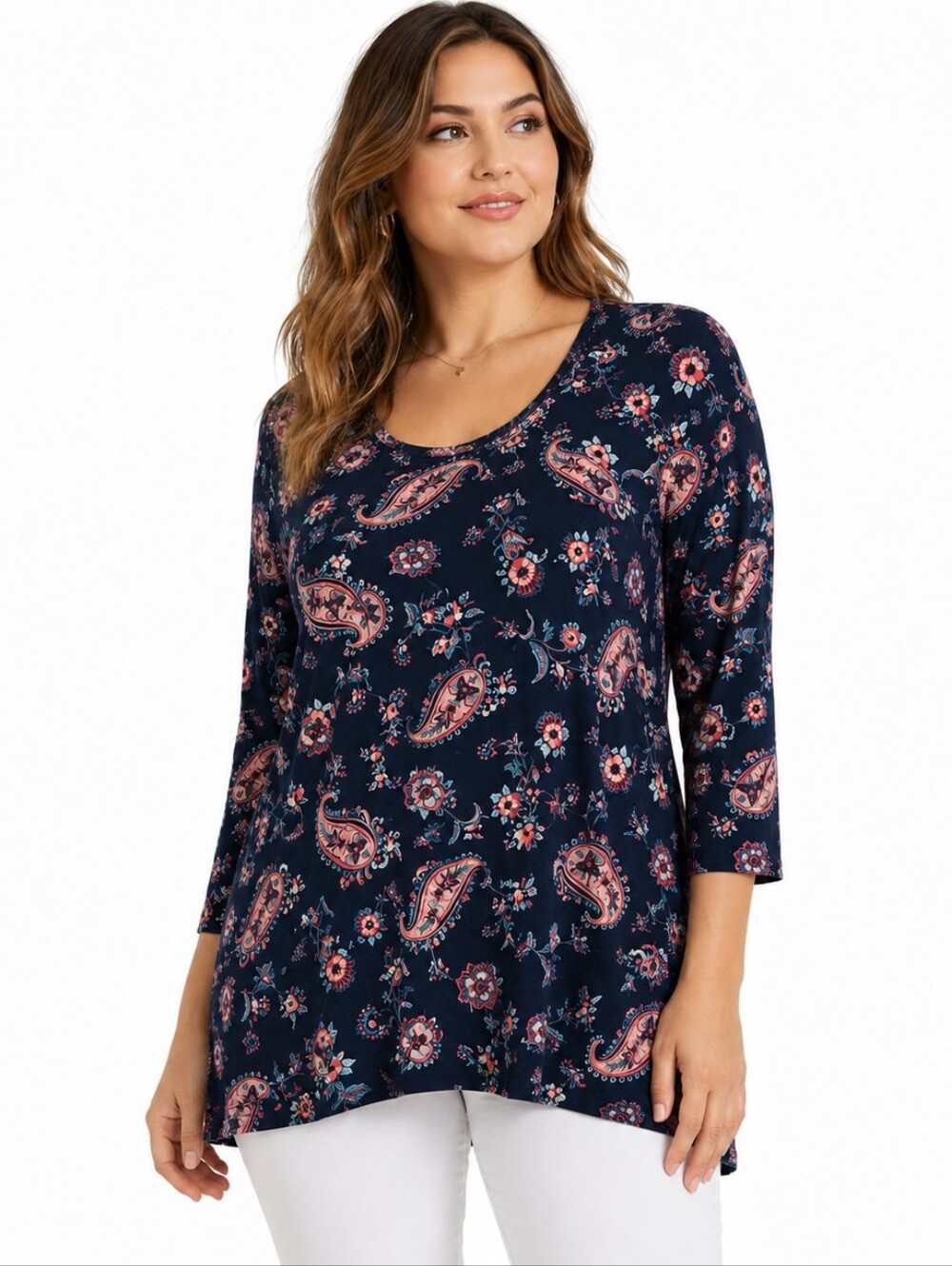 Lands End Large Paisley Boho Floral Tunic Top Navy Blue Long Sleeve Cottagecore